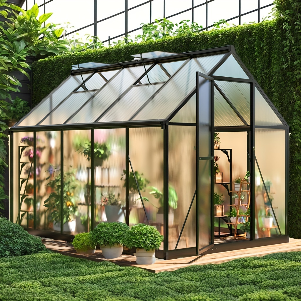 Polycarbonate Greenhouse with Aluminum Frame – Walk-In Outdoor Garden Greenhouse with Roof Ventilation, Lockable Door & UV Protection, 4x6 / 6x7.5 / 10x12 FT
