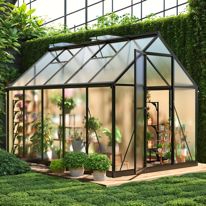 Polycarbonate Greenhouse with Aluminum Frame – Walk-In Outdoor Garden Greenhouse with Roof Ventilation, Lockable Door & UV Protection, 4x6 / 6x7.5 / 10x12 FT