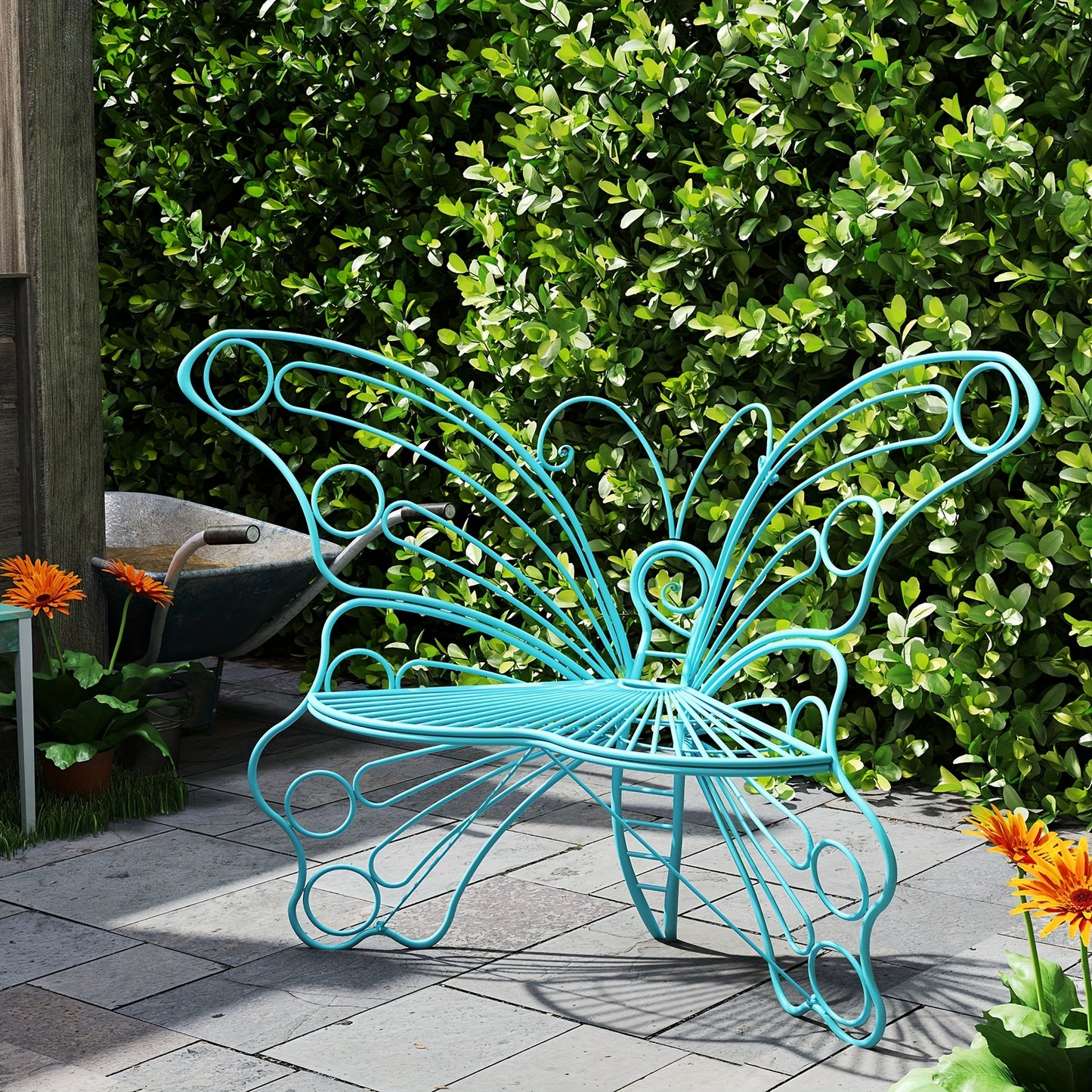 Outdoor Garden Bench 50 Inch Butterfly Design Iron Steel Frame Patio Bench for Porch Lawn Yard Easy Assembly 4 Colors Available