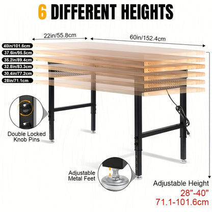 Heavy Duty Workbench Adjustable Height 28"-40", 2000LBS Capacity with ETL Power Outlet, Pegboard & Rubber Wood Top, 60"/96" Garage Workshop Bench