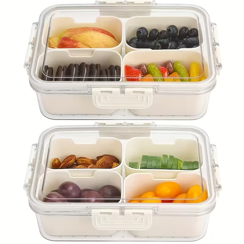Snack Tray with Lid & Separate Compartments 2-Pack Portable Bento Box – BPA-Free PET Dishwasher Safe Divided Platter for Picnic Lunchbox Party Office Travel Kids