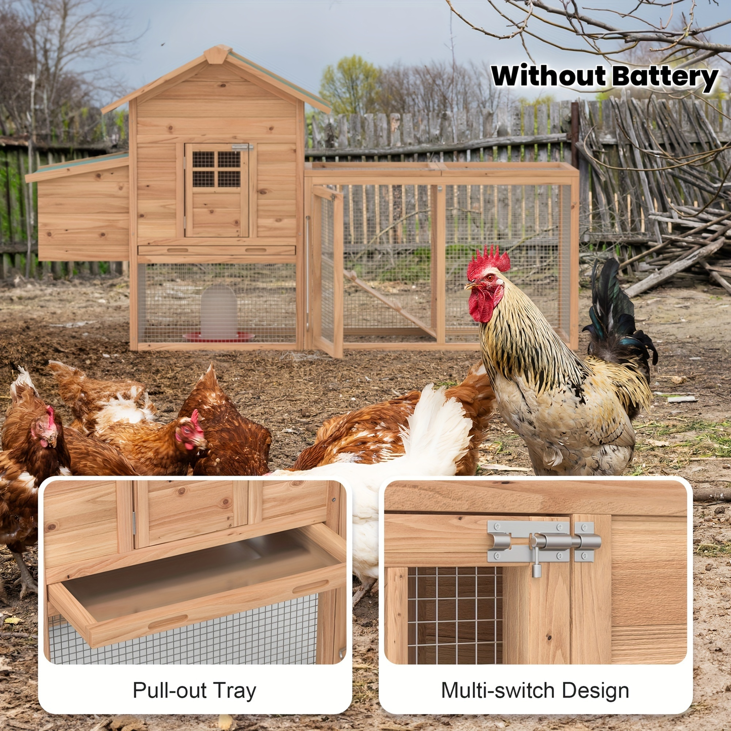 Wooden Rabbit Hutch Outdoor Chicken Coop with Run Nesting Box Ramp Sliding Tray Asphalt Roof Fir Wood 80.7 Inch for 2-4 Chickens Ducks Guinea Pigs Weather-Resistant