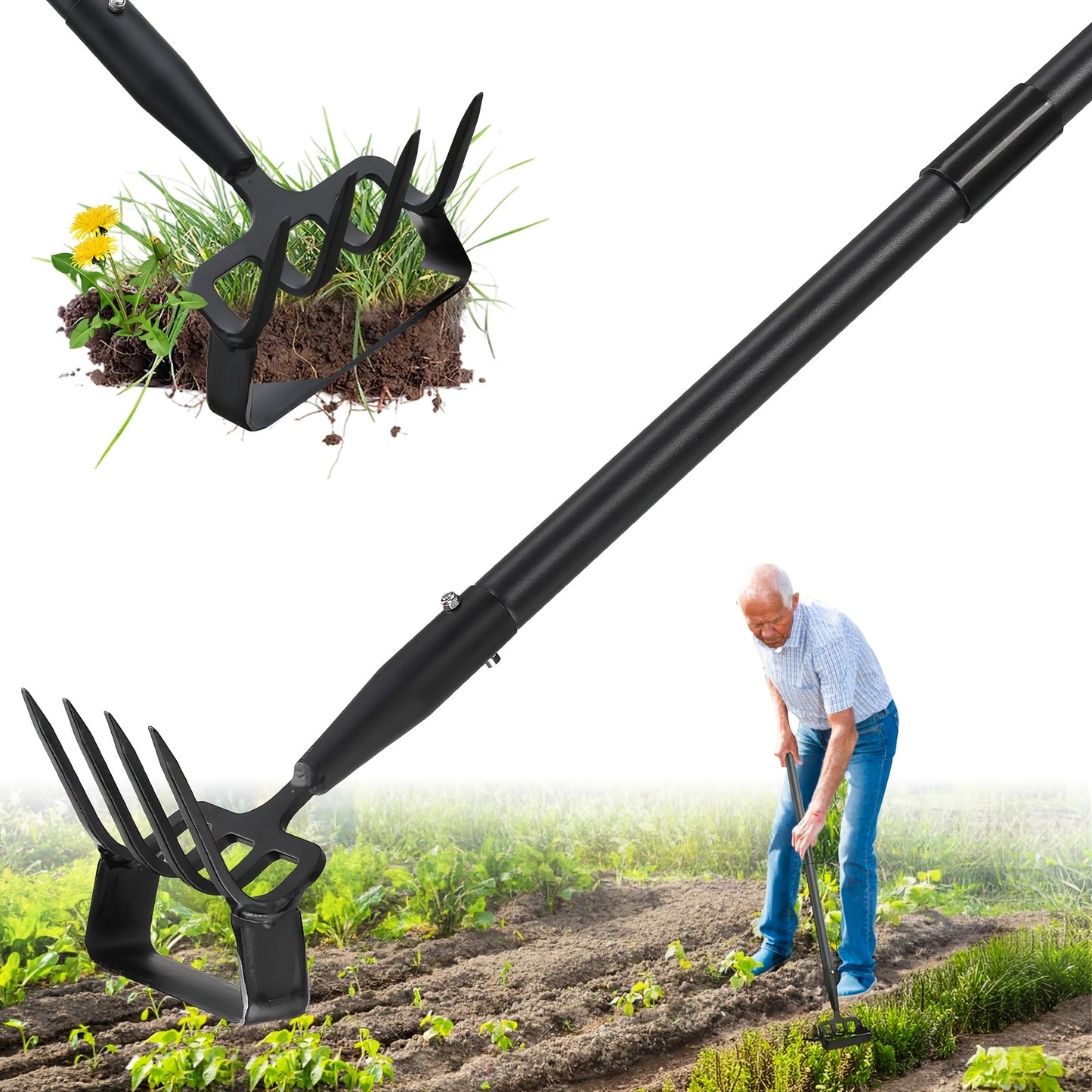 Hula Hoe 2-in-1 Dual Head Stirrup Loop Hoe & 4-Tine Cultivator Rake Heavy Duty All-Metal Long Handle 62 73 82 Inch for Weeding Aerating Loosening Soil