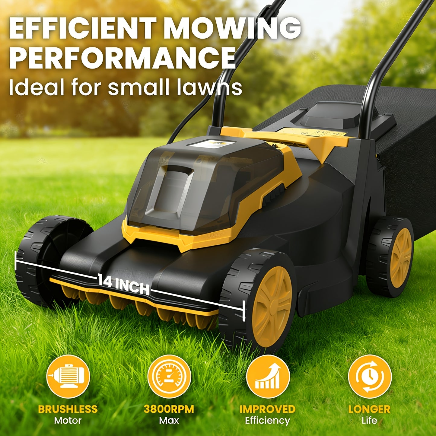 Brushless Cordless Lawn Mower 20V Compatible with Dewalt 20V MAX Battery 14-Inch 700W Pure Copper Motor 3-Level Height Adjustment 7.4-Gallon Grass Catcher Foldable Lightweight Push Mower Tool Only