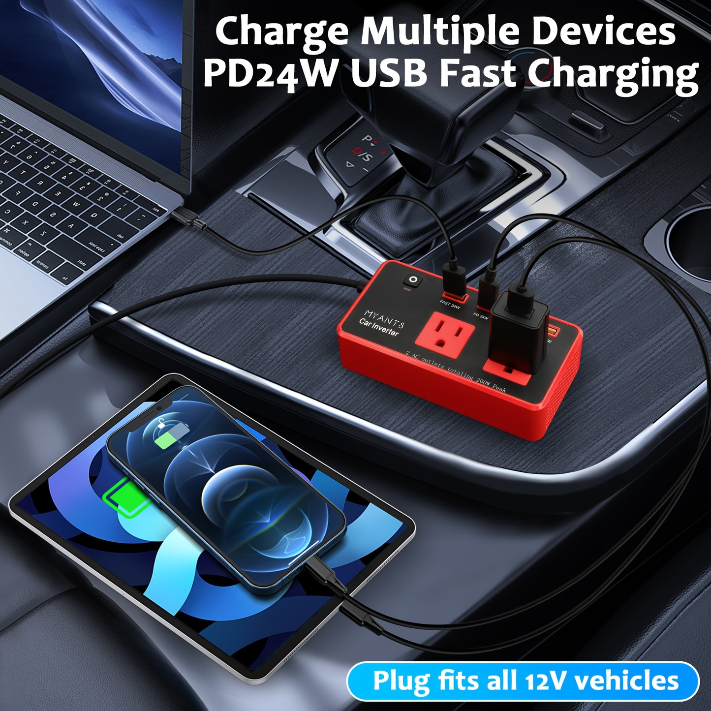 Vehicle Power Inverter 200W DC 12V to AC 110V 120V with 24W PD USB-C Fast Charging QC3.0 Multi-Port Car Charger Adapter for Phone Tablet Laptop Travel Road Trip