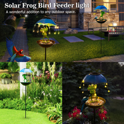 Solar Frog Statue Garden Light with Bird Feeder & LED String Decor