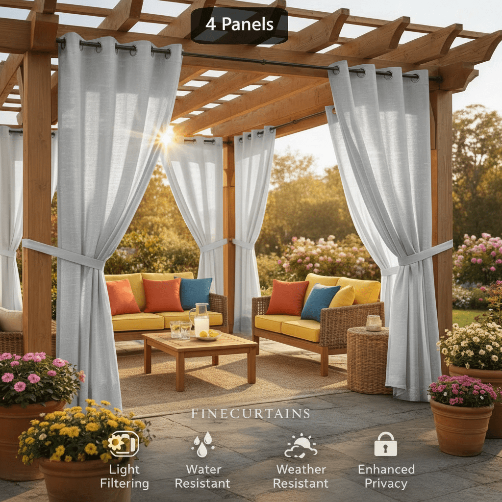 Sheer Curtains for Patio Outdoor – Grommet Top, 4 Panels, Light Filtering, UV & Water Resistant, Privacy Drapes for Pergola, Gazebo, Porch, Backyard, Beige Black Gray White Silver Taupe