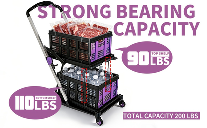 Two Tier Cart with 2 Storage Crates 360° Swivel Wheels, Heavy Duty Collapsible Shopping Trolley Folding Utility Cart for Groceries Picnic Office Multi-Use