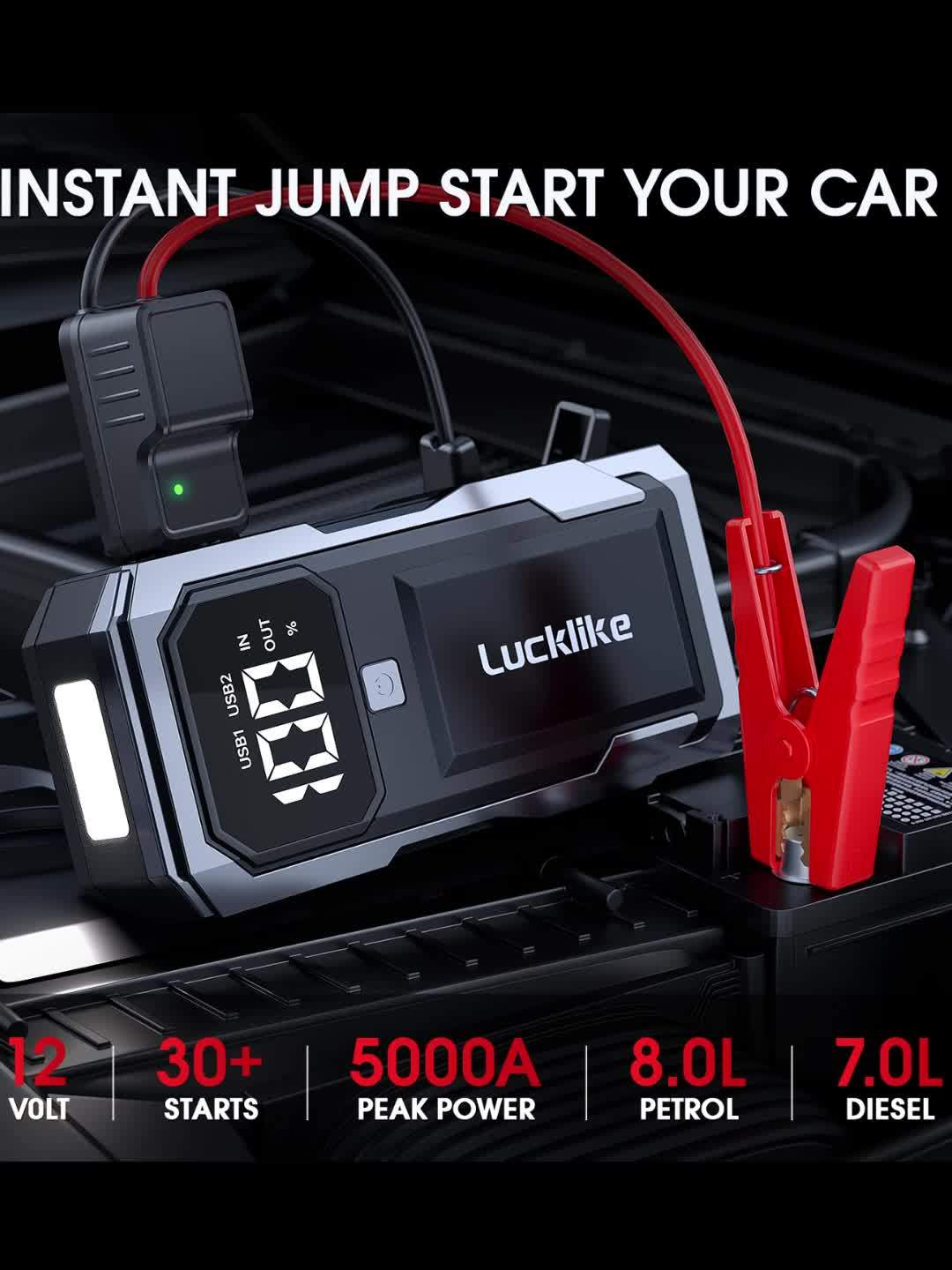 Battery Jump Starter 5000A 3000A Peak for Gas Diesel Engines QC3.0 18W Fast Charge USB-C Recharge Digital Display LED Light Intelligent Clamps Power Bank