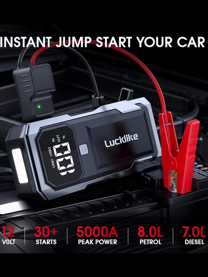 Battery Jump Starter 5000A 3000A Peak for Gas Diesel Engines QC3.0 18W Fast Charge USB-C Recharge Digital Display LED Light Intelligent Clamps Power Bank