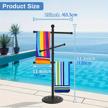 Pool Towel Rack Freestanding Outdoor – 3-Bar Iron Towel Stand with Hooks, Windproof Wide Base, No Sand Needed, Rust-Resistant for Poolside Hot Tub Spa Beach Bathroom Patio