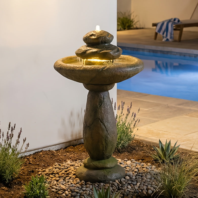Garden Fountain 40.2 Inch Floor Standing Bird Bath Outdoor Fountain with LED Lights IPX8 Pump for Backyard Patio
