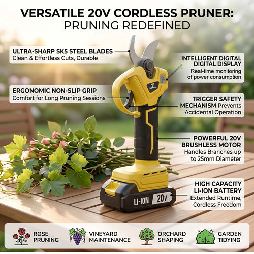 20V Cordless Pruning Shears Upgraded Electric Tree Pruner with Display Screen, Replaceable Blade, 1 or 2 Batteries & Storage Bag for Branch Cutting & Garden Pruning