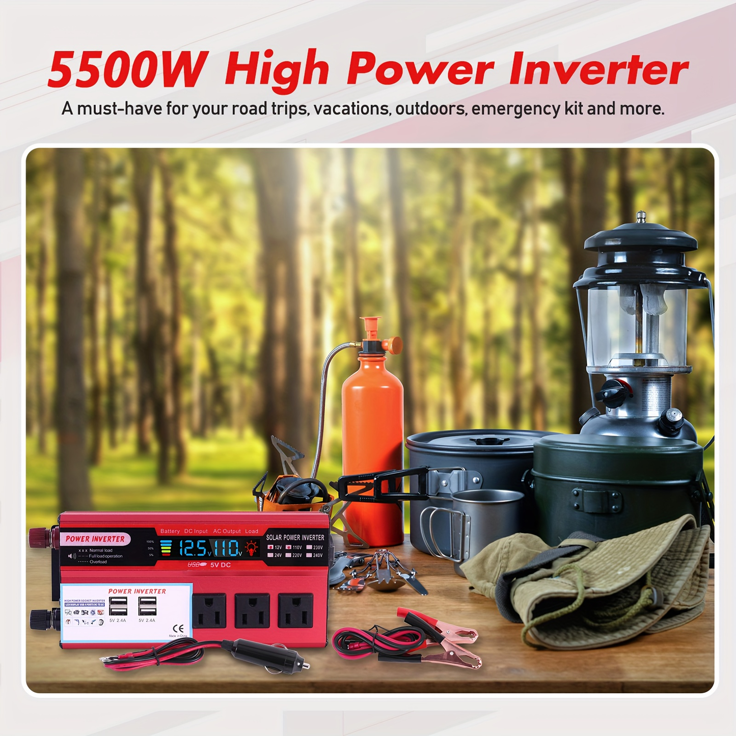 DC to AC Inverter 4000W 5500W 6500W 16000W Peak DC 12V to AC 110V High Power Car Inverter with USB Ports US Sockets Cooling Fan Overload Protection for RV Truck Outdoor Emergency