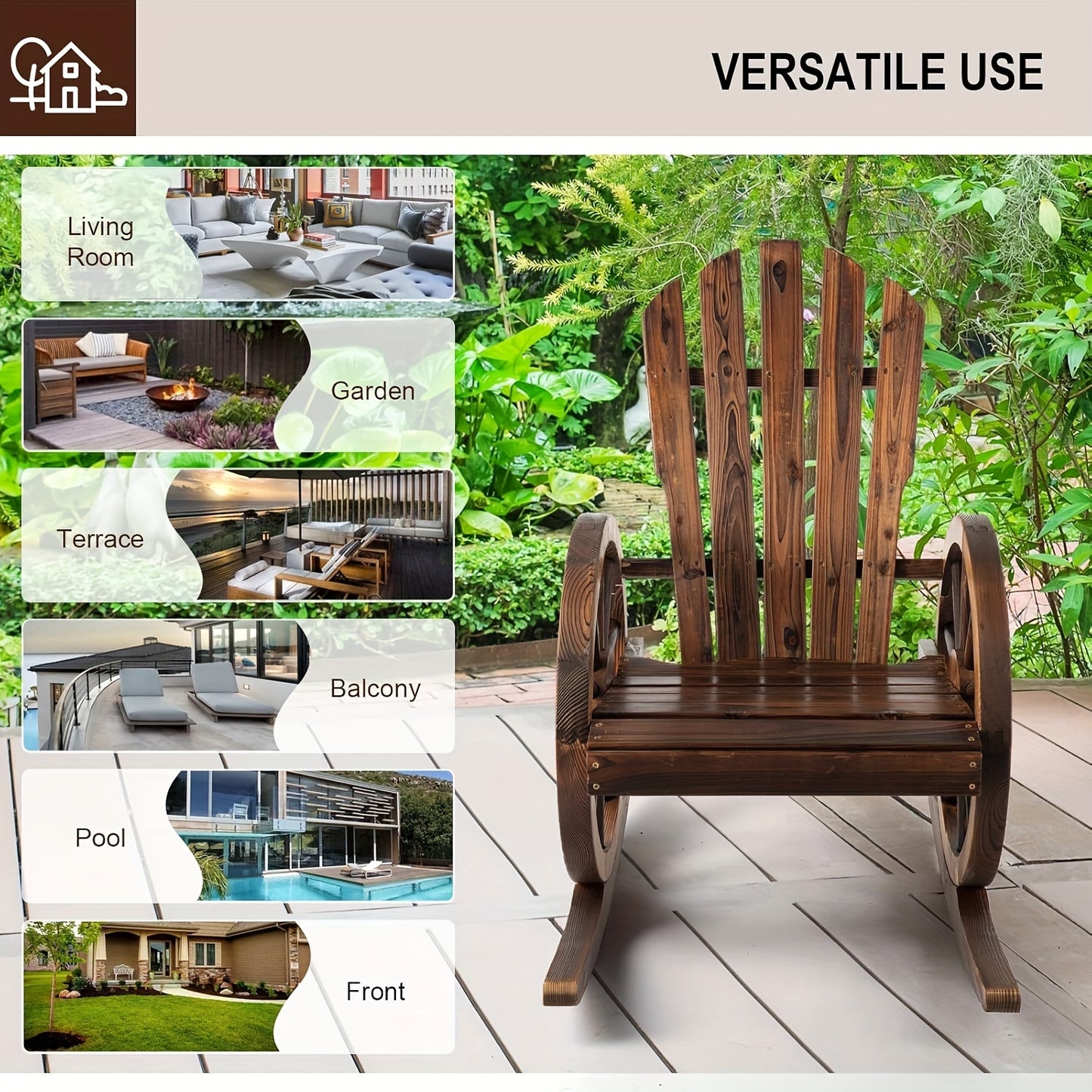 Outdoor Wood Rocking Chair Set – Patio Wagon Wheel Rustic Rocker with Side Table for Porch, Yard & Country Garden