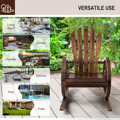 Outdoor Wood Rocking Chair Set – Patio Wagon Wheel Rustic Rocker with Side Table for Porch, Yard & Country Garden