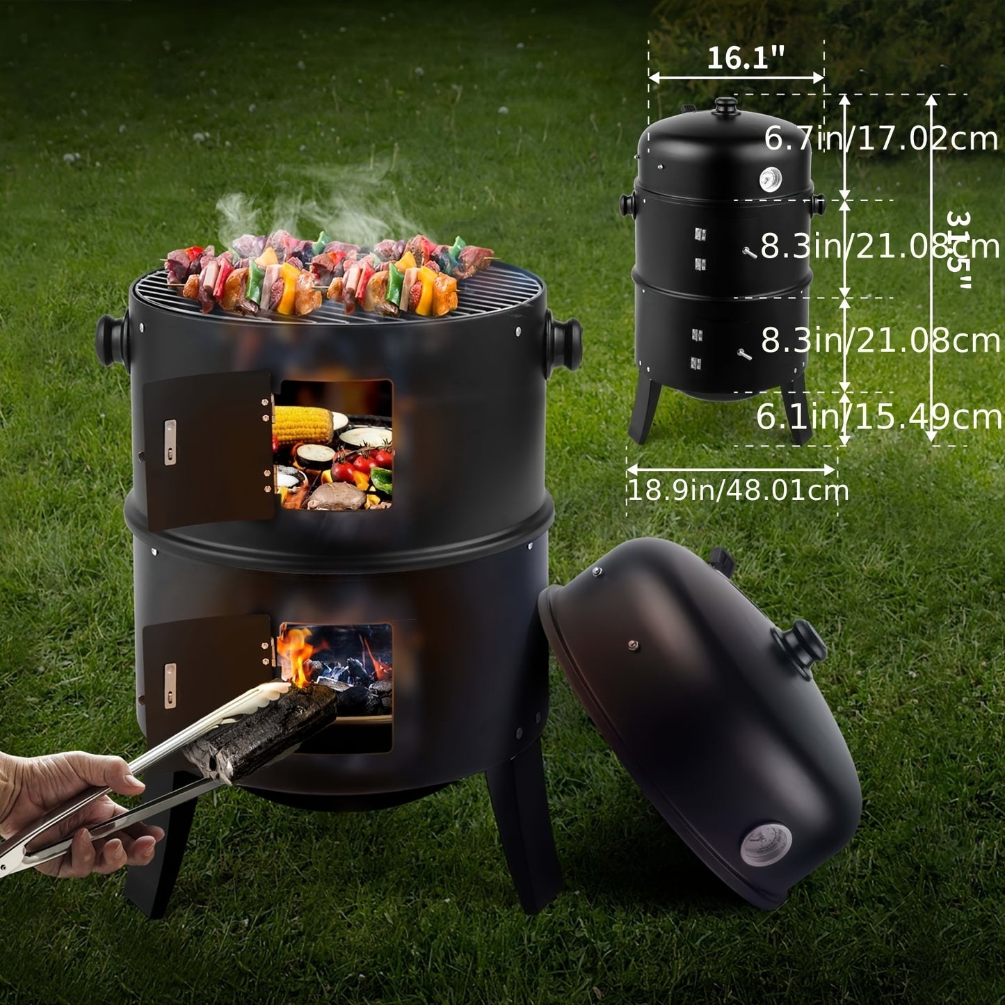 Charcoal Smoker Grill 3-in-1 Portable Outdoor BBQ with Built-in Thermometer, Adjustable Height & Spacious Cooking Grate for Camping Backyard Tailgate, Black