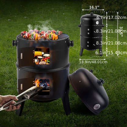 Charcoal Smoker Grill 3-in-1 Portable Outdoor BBQ with Built-in Thermometer, Adjustable Height & Spacious Cooking Grate for Camping Backyard Tailgate, Black