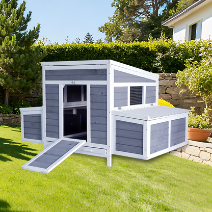Wooden Chicken Coop with 2 Large Nesting Boxes for 4-6 Chickens | 59" Outdoor Hen House with Weatherproof PVC Roof, Ramps, Perches & Multiple Entrances