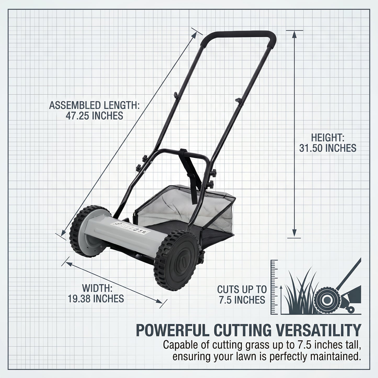 Reel Lawn Mower 14-Inch 5-Blade Manual Push with Grass Catcher, Adjustable Height 0.6"-1.8", Quiet No-Gas Walk-Behind Mower for Small Yards, 13.6 lbs Lightweight