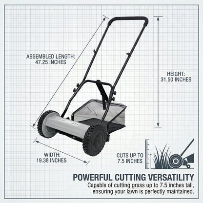 Reel Lawn Mower 14-Inch 5-Blade Manual Push with Grass Catcher, Adjustable Height 0.6"-1.8", Quiet No-Gas Walk-Behind Mower for Small Yards, 13.6 lbs Lightweight