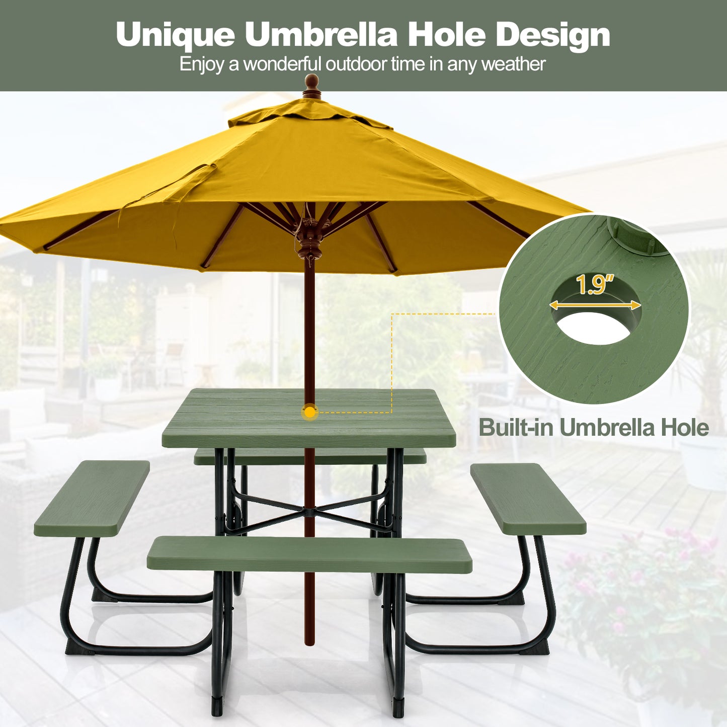Outdoor Picnic Table 8-Person, Square HDPE Table with 4 Built-in Benches, Umbrella Hole, Metal Frame, Backyard Patio Garden Bench Set Grey/Green