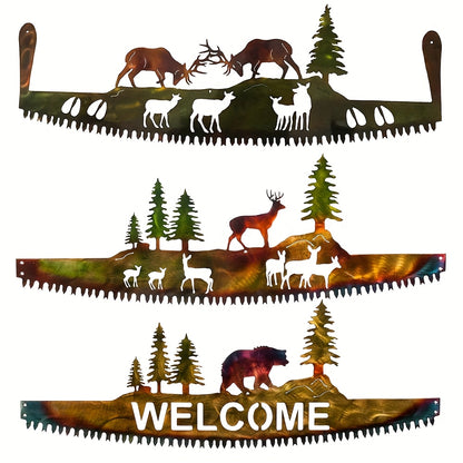 Metal Wall Art Saw Blade - Wild Animal Bear Deer Silhouette Gradient Polished Home Indoor Outdoor Decor