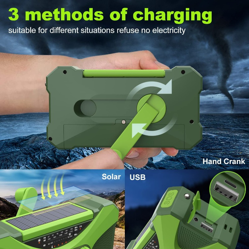 Emergency Weather Radio 10000mAh Hand Crank Solar NOAA AM FM WB Flashlight Reading Lamp SOS Alarm Phone Charger Headphone Jack Portable Survival Radio