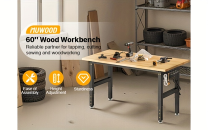 Heavy Duty Workbench Adjustable Height 28"-40", 2000LBS Capacity with ETL Power Outlet, Pegboard & Rubber Wood Top, 60"/96" Garage Workshop Bench