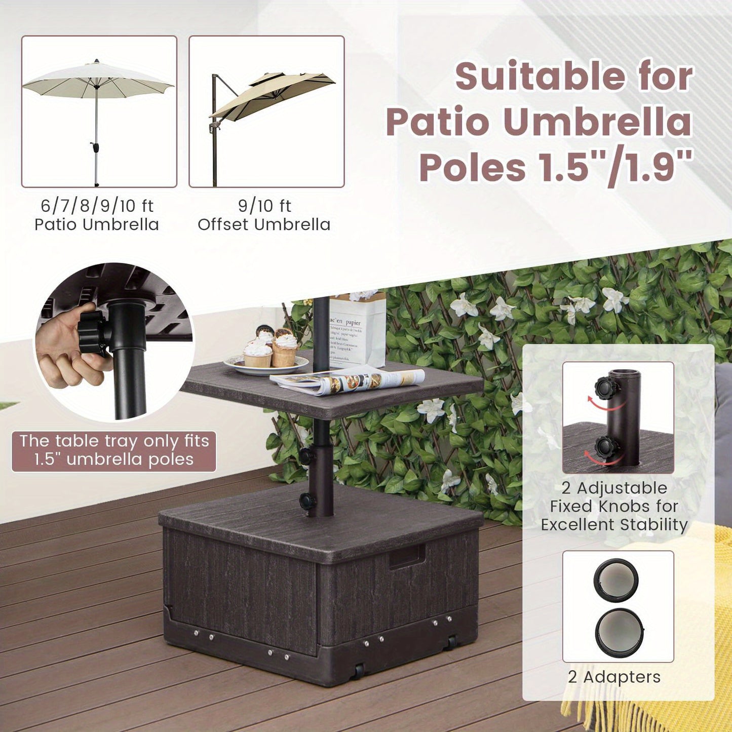 Patio Umbrella Base 3-in-1 Fillable 175 lbs with Table Tray & Planter Box Wheeled Stand Fits 1.5"/1.9" Poles 6-10 ft Market Offset Umbrellas HDPE Brown