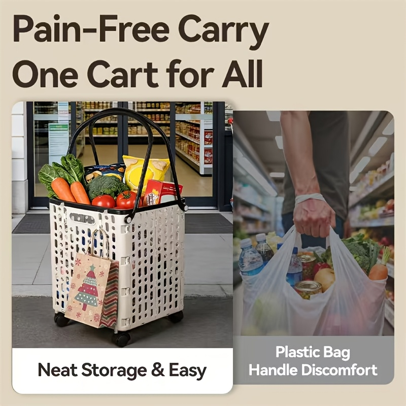 Foldable Shopping Cart with Wheels and Handle Large Capacity Portable Trolley for Grocery Camping Travel Laundry Beach Outdoor Home Lightweight Space Saving