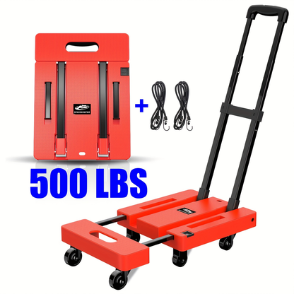 Folding Hand Truck Dolly 500LB Heavy Duty, Collapsible Luggage Cart with 6 Wheels & 2 Elastic Straps for Moving, Travel, Shopping, Office & Warehouse