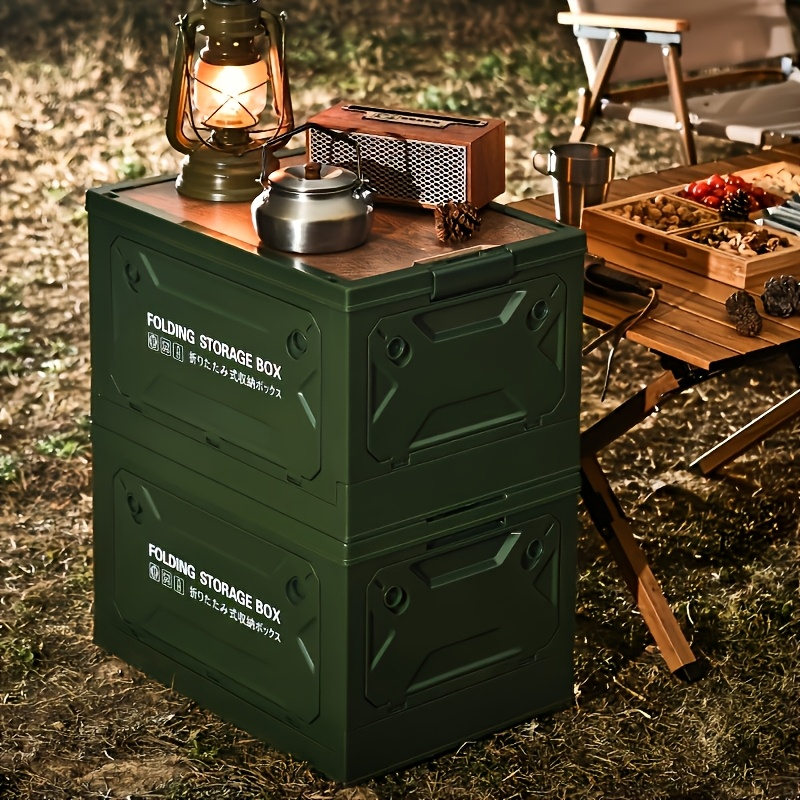 Outdoor Folding Table ABS 5-Door Storage Compartments Wooden Lid Portable Camping Table for Party, Travel, Picnic & Backyard Use