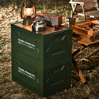 Outdoor Folding Table ABS 5-Door Storage Compartments Wooden Lid Portable Camping Table for Party, Travel, Picnic & Backyard Use
