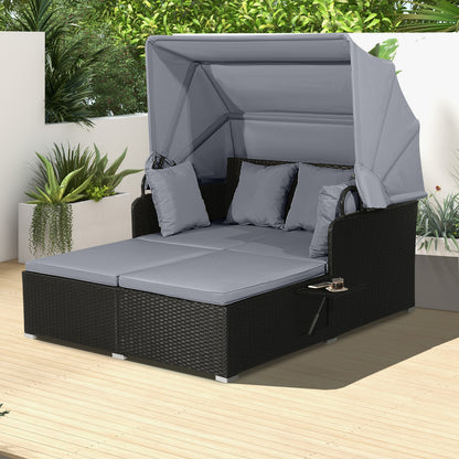 Outdoor Wicker Daybed with Retractable Canopy Side Tables Cushions PE Rattan Patio Lounge Bed Sun Lounger for Backyard Garden Pool
