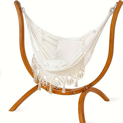 Hammock Swing Chair with Stand – Heavy-Duty Wood Frame Macrame Boho Handmade Hanging Chair with Cushion, 400 lbs Capacity for Yard, Garden & Porch
