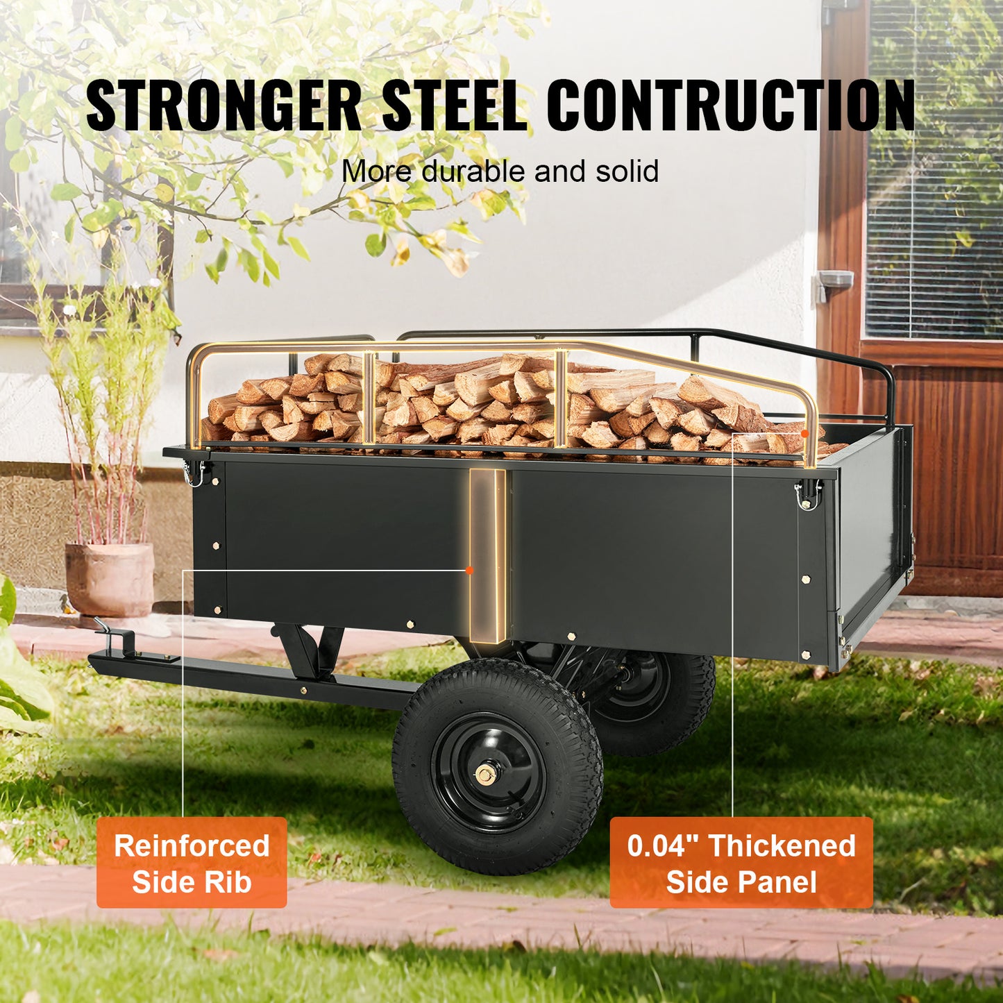 Tow Behind Dump Cart ATV Trailer 750-1500 lbs, Heavy Duty Steel Garden Dump Trailer 12-15 Cu Ft with Removable Sides & Pneumatic Tires for Mowers, Tractors, UTV