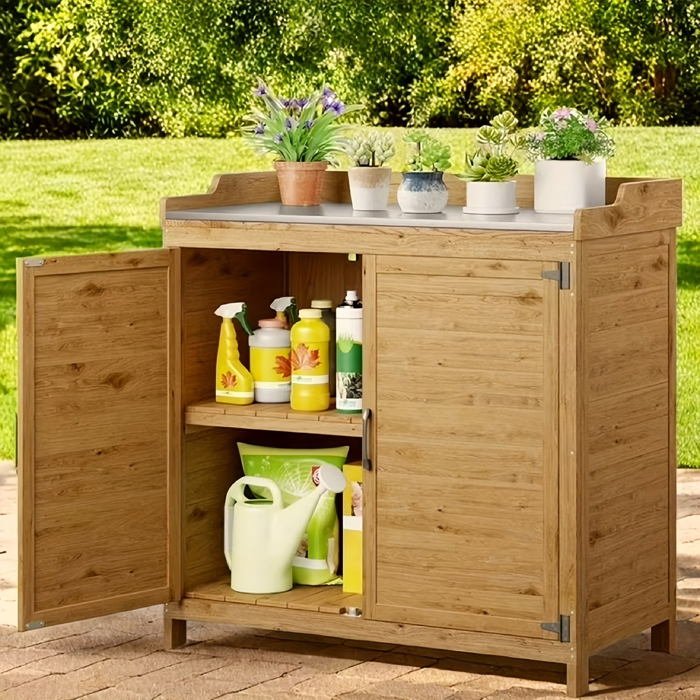 Potting Bench with Storage Cabinet, Outdoor Waterproof Wood Garden Shed Table with Removable Shelves & Doors, Heavy-Duty Yard Workstation in Grey & Natural