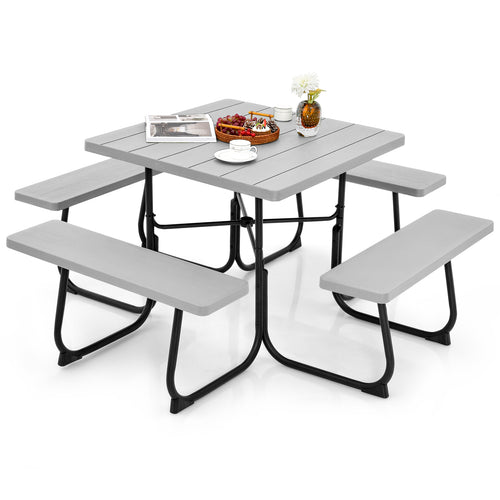 Outdoor Picnic Table 8-Person, Square HDPE Table with 4 Built-in Benches, Umbrella Hole, Metal Frame, Backyard Patio Garden Bench Set Grey/Green