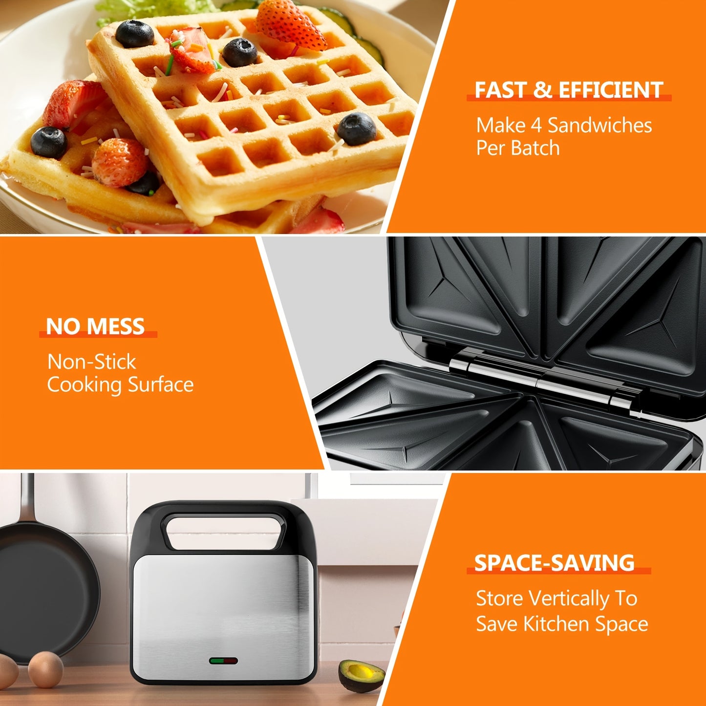 Sandwich Maker 3-in-1 Panini Press & Waffle Iron 750W with Removable Non-Stick Plates, Dishwasher Safe, Compact for Dorm, RV & Travel