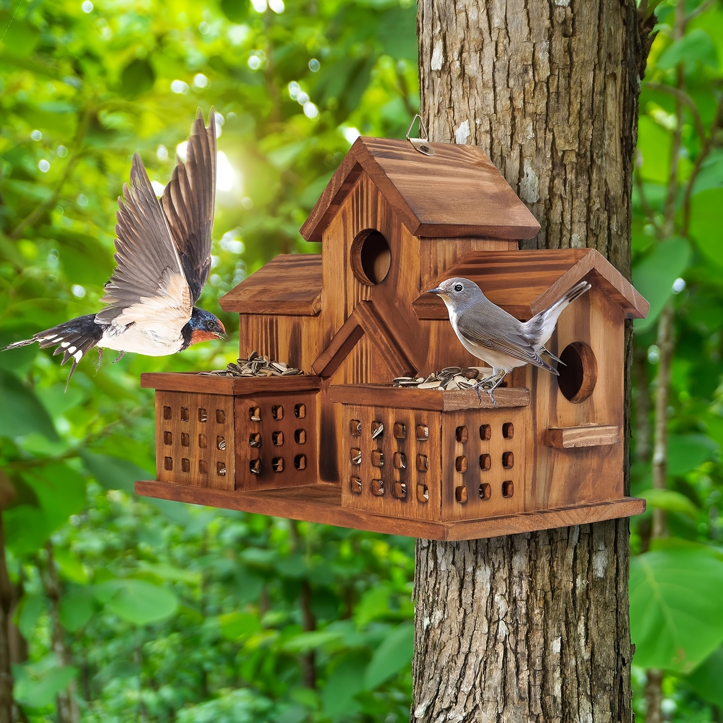 Hummingbird House Outdoor Large Birdhouse with Feeder, 3-Hole Natural Handmade Wood Bird House for Bluebird, Backyard Garden Decor, Living & Feeding Two-in-One
