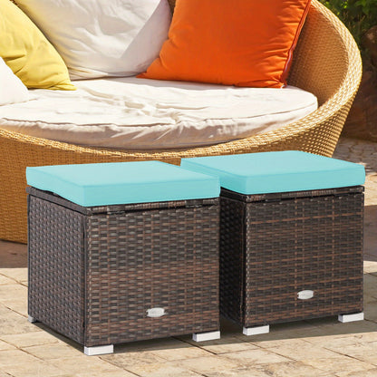 Outdoor Wicker Ottoman Set of 2 with Hidden Storage – PE Wicker Footstools with Detachable Cushions, Side Table & Extra Seating for Patio, Garden & Poolside