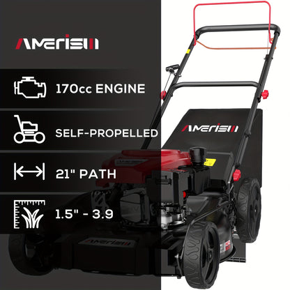 Gas Lawn Mower 21-Inch 144cc/170cc Push & Self-Propelled 2-in-1/3-in-1 Mulching, 6-Position Height Adjustment, High Rear Wheels, Foldable Handle