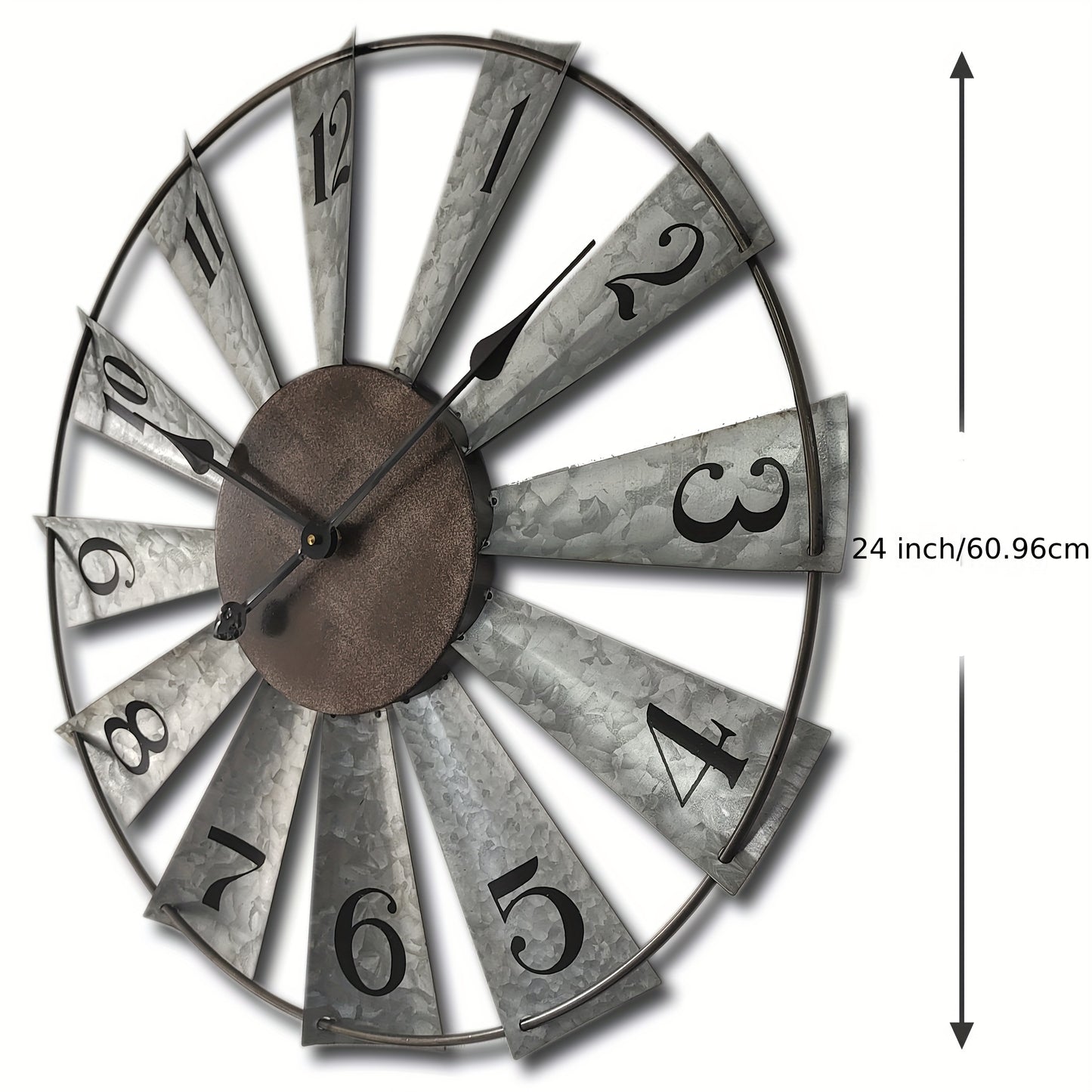 24 Inch Farmhouse Wall Clock Large Vintage Metal Windmill Blade Galvanized Analog Clock Battery Operated Silent for Living Room Kitchen Bedroom Porch