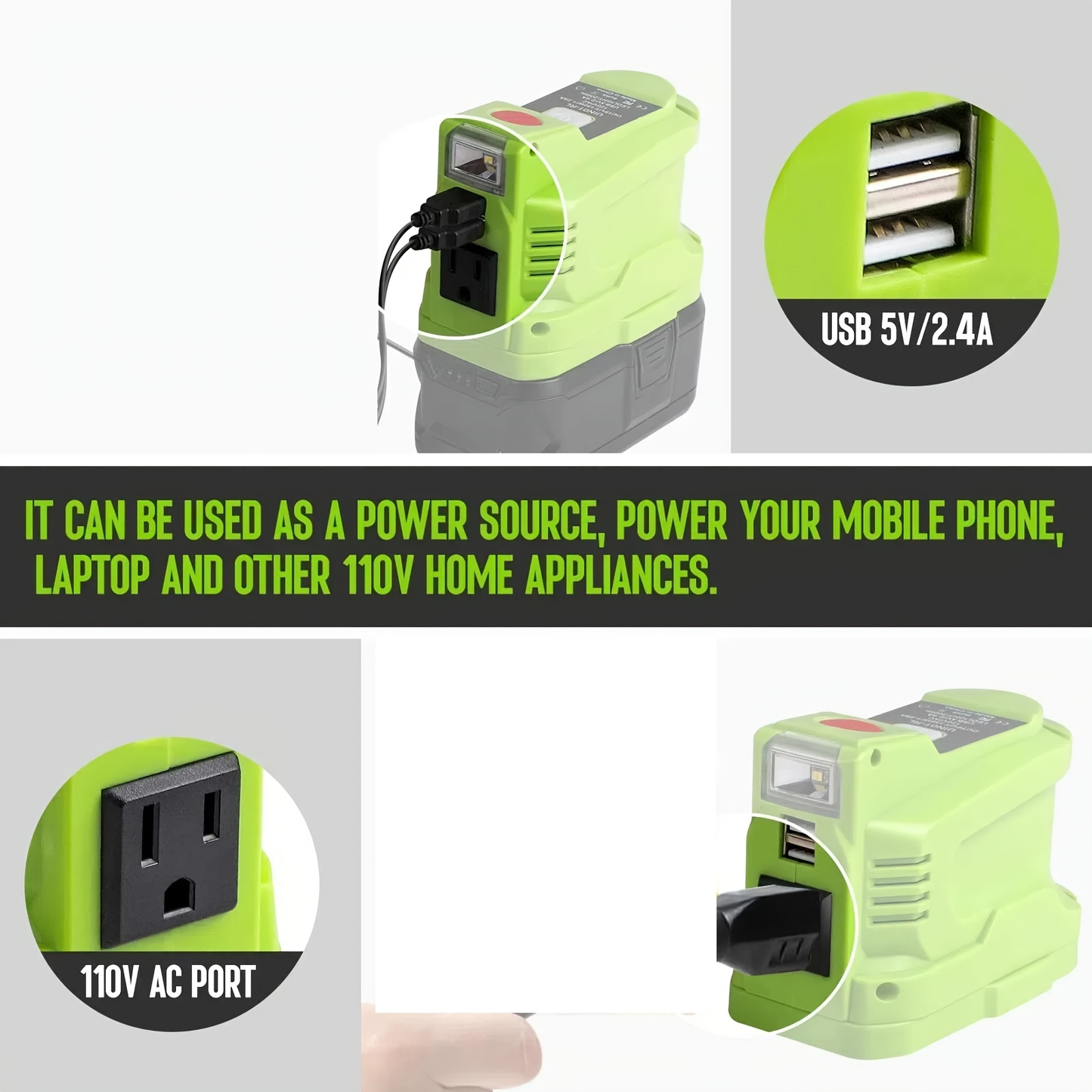 Power Inverter for RYOBI 18V Battery | 150W AC Outlet, 2 USB Ports, LED Light, DC 18V to AC 110V Modified Sine Wave, Compatible P102 P108 P190 Camping Emergency