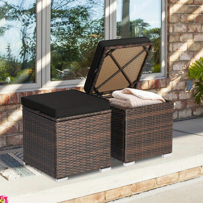 Outdoor Wicker Ottoman Set of 2 with Hidden Storage – PE Wicker Footstools with Detachable Cushions, Side Table & Extra Seating for Patio, Garden & Poolside