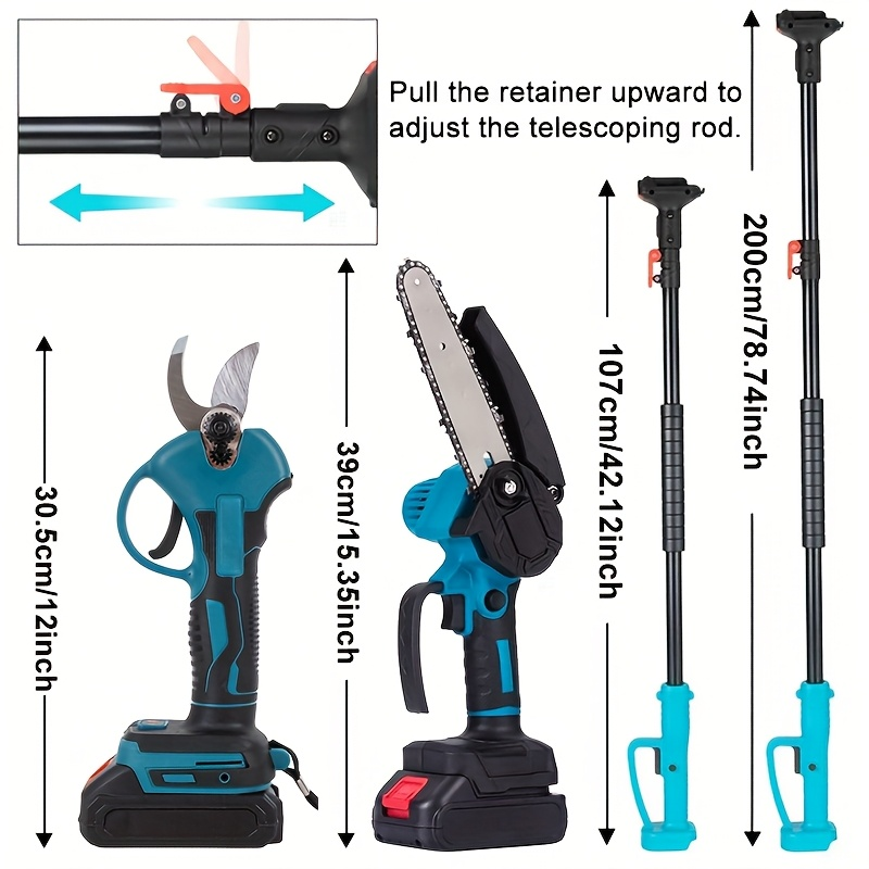 Pole Saw Set with Electric Chainsaw – 6-Inch Cordless Pruner, Long-Handle Scissor Kit, Safety Lock for Tree Pruning & Landscaping