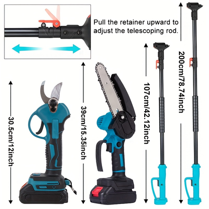 Pole Saw Set with Electric Chainsaw – 6-Inch Cordless Pruner, Long-Handle Scissor Kit, Safety Lock for Tree Pruning & Landscaping