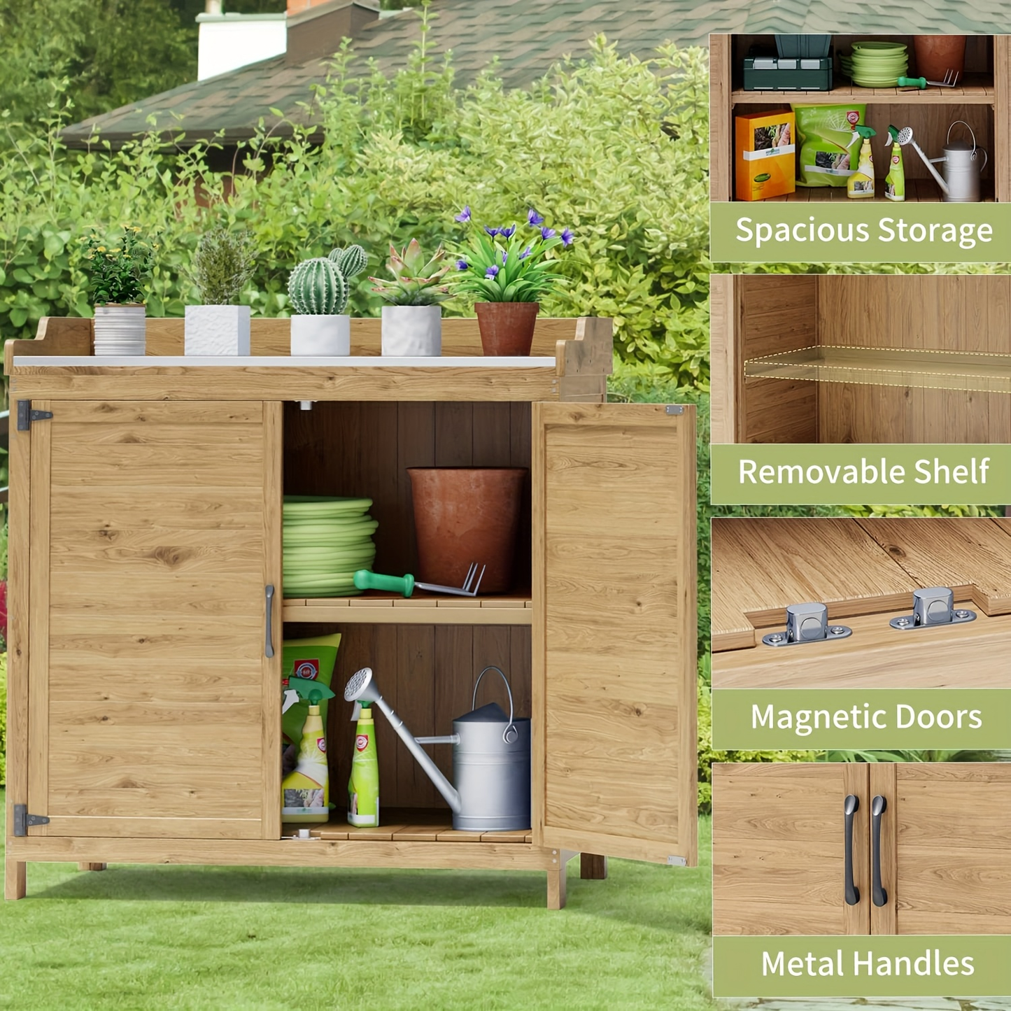 Potting Bench with Storage Cabinet, Outdoor Waterproof Wood Garden Shed Table with Removable Shelves & Doors, Heavy-Duty Yard Workstation in Grey & Natural
