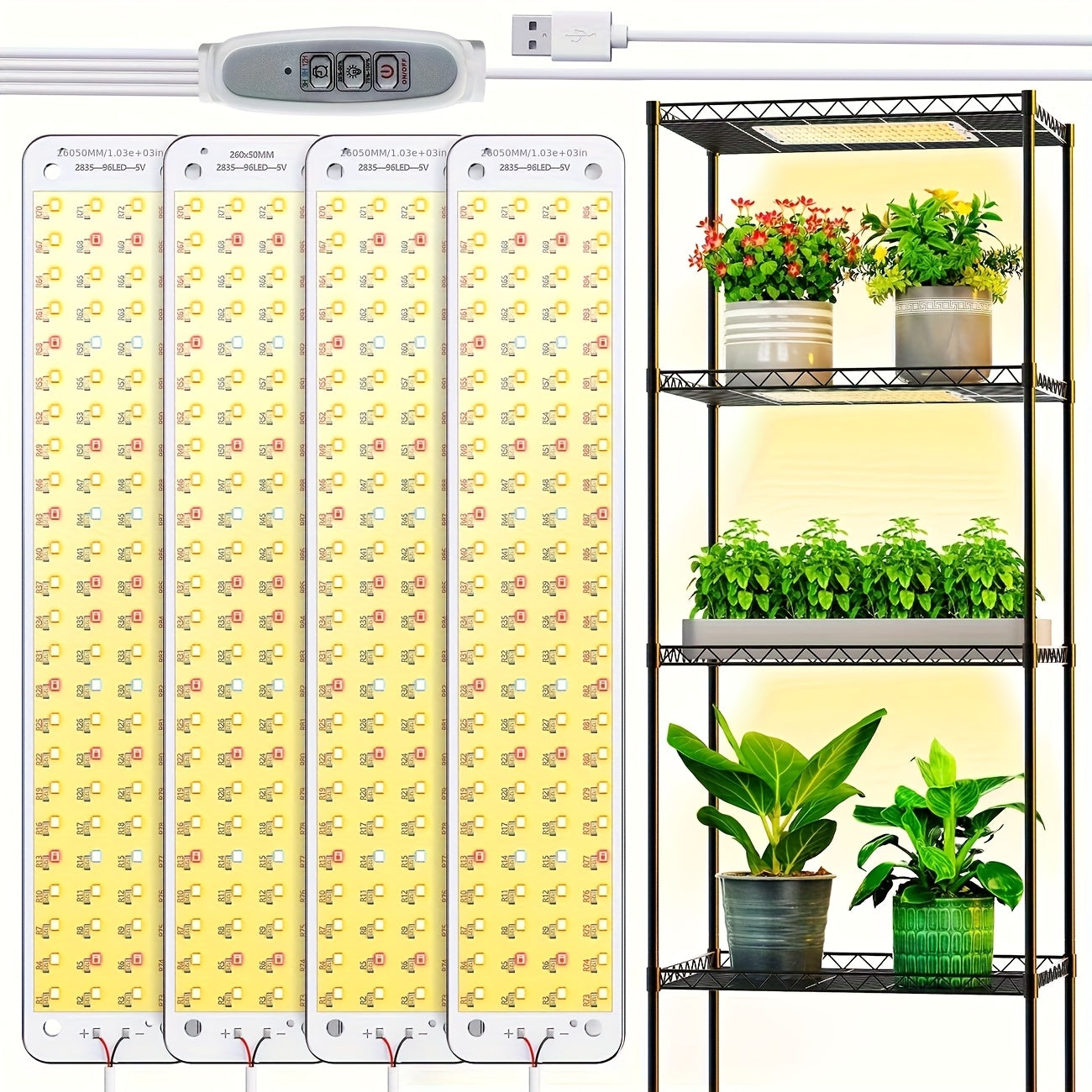Ultra-Thin Grow Light Under Cabinet Full Spectrum 10-Level Dimming | 3/9/12H Timer High Lumen Sticky & Hangable All Growth Stages | 4pcs Indoor Plants